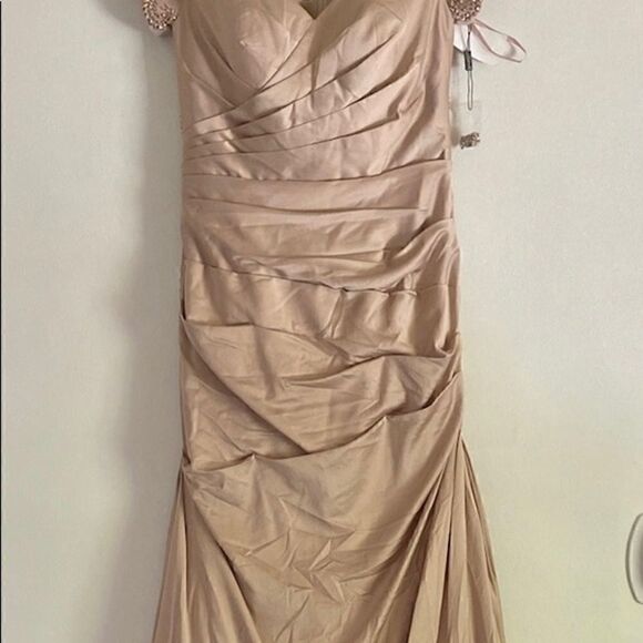 NWT LA Femme champagne colored ruched gown with beaded back and sleeves. - Picture 13 of 14
